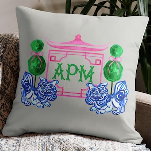 Chinoiserie Monogramm Kissen: Blau Weißes Ingwerglas, Pagode Dekor