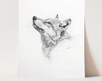 狼の鉛筆線画：現代の動物アートプリント - Etsy 日本