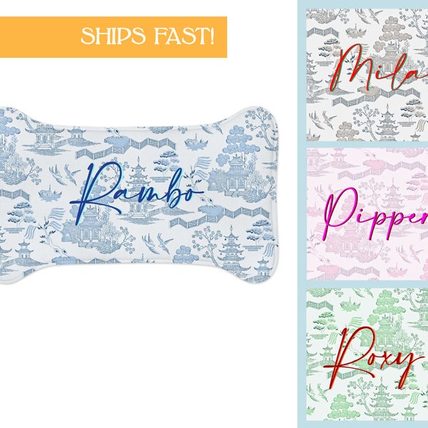 Pet Feeding Mat, Personalized With Pet Name, Chinoiserie Preppy Asian Pagoda, Dog Bone Shape Pet Mat, Dog Bowl Mat, Custom Dog Gift