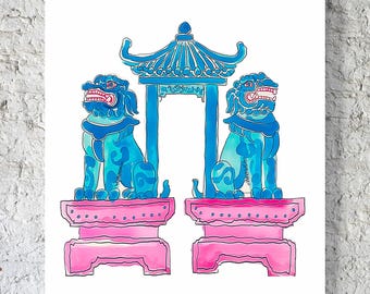 Staffordshire Dogs Art Print: Chinoiserie Ginger Jar, Floral Asian Decor