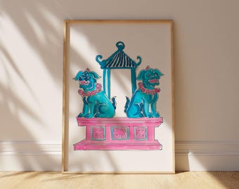Staffordshire Dogs Art Print: Chinoiserie Ginger Jar, Floral Asian Decor