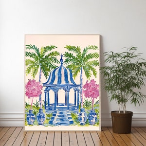 Pagoda Palm Tree Art Print: Chinoiserie Blue and White Vase, Vintage Asian Decor