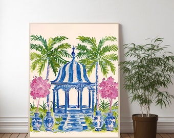 May include: A watercolor painting of a blue and white gazebo with a striped roof, surrounded by palm trees and pink flowering bushes. There are blue and white porcelain vases on either side of the gazebo.
