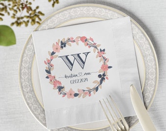 Personalized Napkins Wedding Napkins Custom Laurel Wreath Decorative Wreath Beverage Cocktail Luncheon Dinner Guest Towels Engagement Party