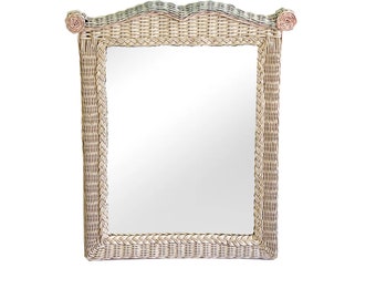 Vintage Pagoda Wicker Wall Mirror - Mid-Century Palm Beach Regency Style - Braided Frame Design - Rattan