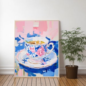 Teetasse Kunstdruck Stillleben Chinoiseries Ingwerglas Blau Weiß Acrylgemälde Asiatische Chippendale Vintage Kunstwerk Chinesisches Wanddekor