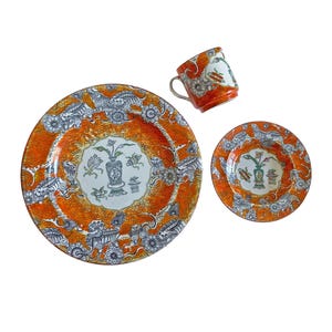 Antique Ashworth England Chinoiserie Foo Dog Plate Set: Orange Porcelain