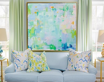 Serene Blue Green Abstract Canvas Wall Art – Chinoiseries Palm Beach Style Print – Modern Regency Decor Made in USA Multiple Sizes Available
