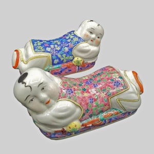 Vintage Chinese Porcelain Headrests: Hand-Painted Chinoiserie Statues