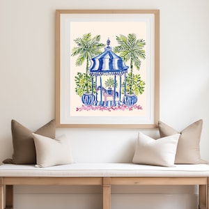 Chinoiserie Art Print: Pink Roses, Blue and White Vase (Watercolor)