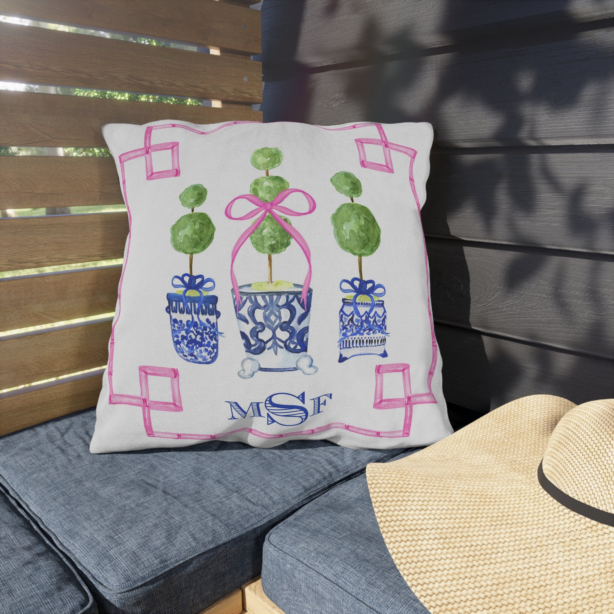 Preppy Chinoiserie Print Indoor Outdoor Pillow Topiary Blue - Etsy