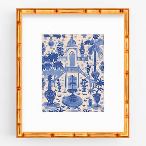 Staffordshire Chinoiserie Pagode Kunstdruck - Blau & Weiß Ginger Glas Muster Asiatisch inspirierte Wanddekoration Japanischer Garten Chippendale Poster