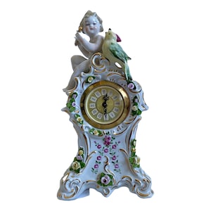 Vintage Porcelain Putti Mantel Clock – Rococo Style, Brass & Enamel, Floral Cherub Design