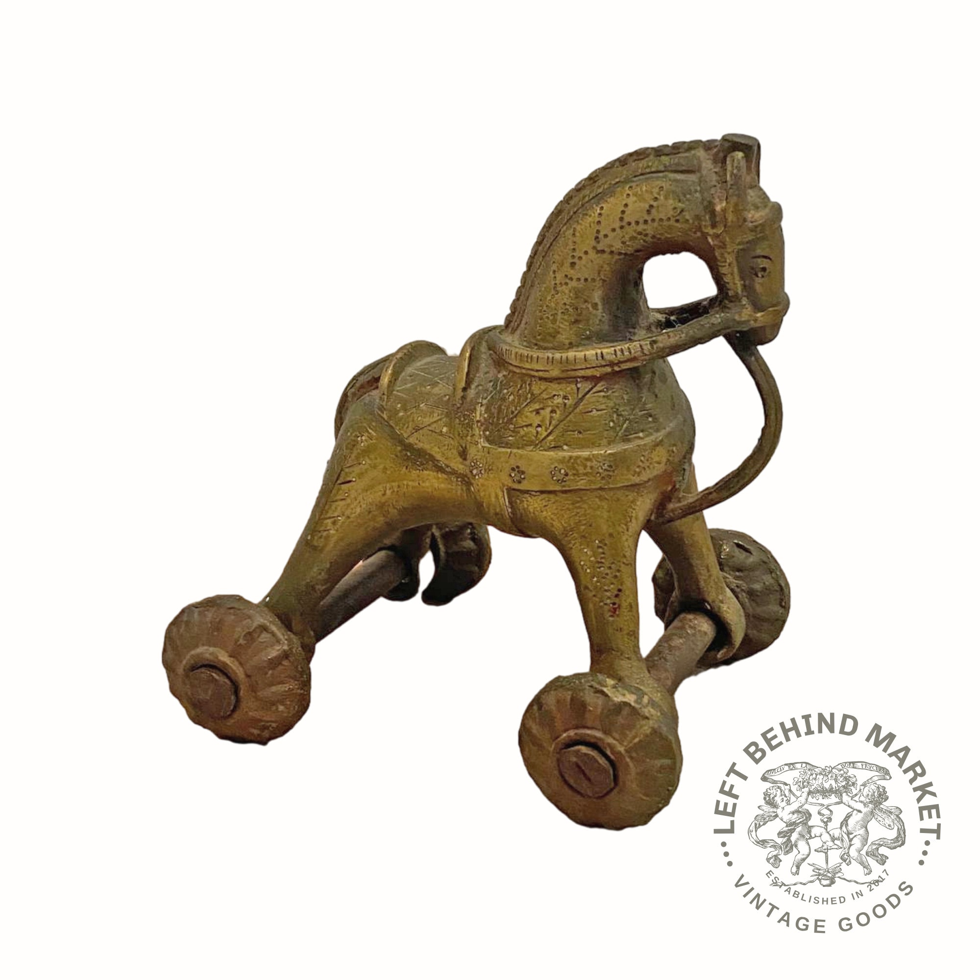 Vintage Indian Bronze Horse Toy on Wheels: 19th Century Hindu