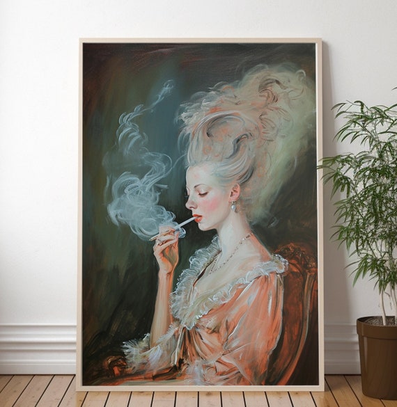 woman smoking cigarette painting Humorous Art Print Funny Rococo Paintings, Elegant Lady Smoking Home Decor  Vintage Artwork Decor