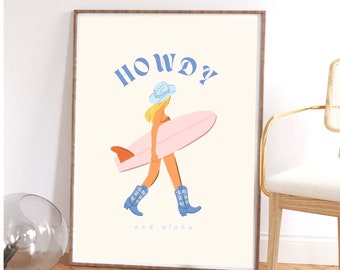 Howdy and Aloha Cowgirl Surfer Girl Blonde Pink and Blue Poster