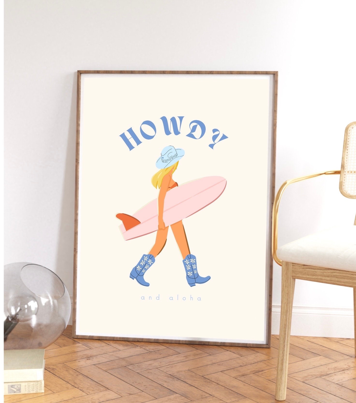 Howdy and Aloha Cowgirl Surfer Girl Blonde Pink and Blue