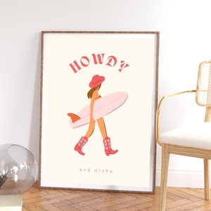 Howdy and Aloha Cowgirl Surfer Girl Red Poster girly trendy cool girl poster surfer girl poster groovy girl poster cowgirl wall art surfer