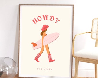 Howdy y Aloha Cowgirl Surfer Girl Red Poster girly trendy cool girl poster surfer girl poster groovy girl poster vaquera pared arte surfer