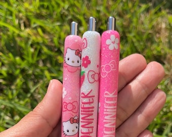 Kawaii HK Kitty Glitter Pens | Strawberry | Bows | Flowers | Pink | Refill | Personalized | Hearts | Girly | Cute