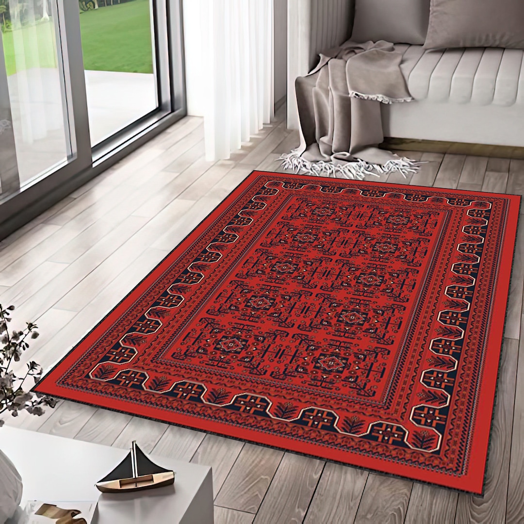 Authentic Pattern Rug, Red Pattern Rug, Red Rug, Washable Rug