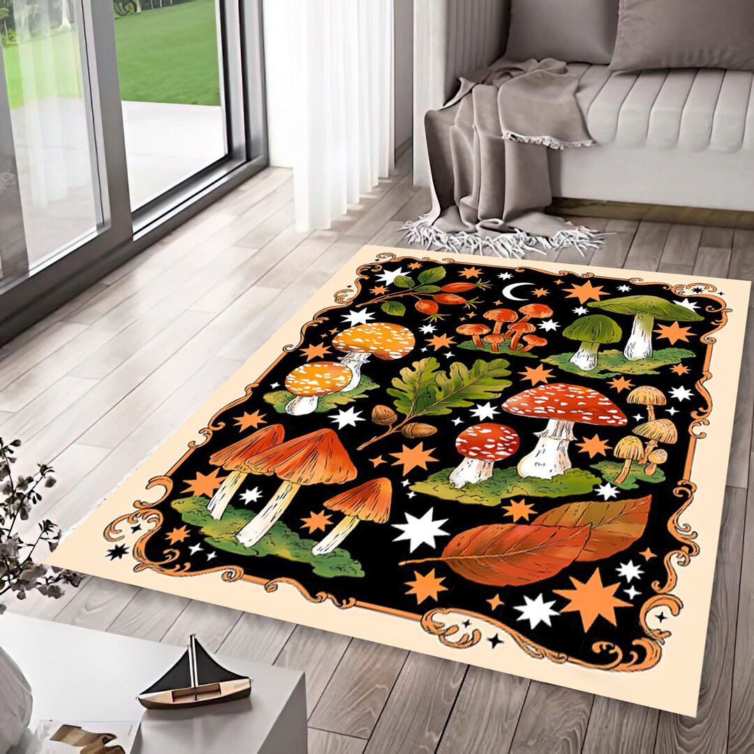 Mushroom Pattern Rug, Mushrooms, Black Color Rug, Autumn Rug, Customizable Rug, Durable Rug