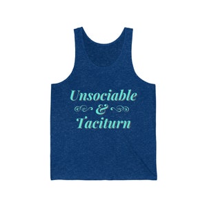 Puede incluir: Un tanque azul marino con el texto "Unsociable & Taciturn" en azul claro.
