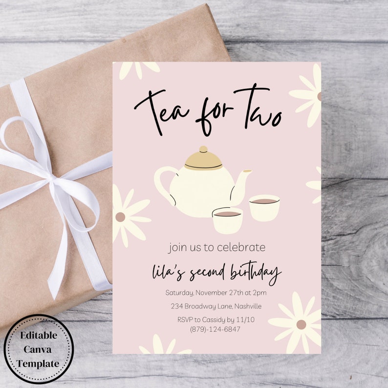 Tea for Two Birthday Invitation, Canva Template, Editable Invitation