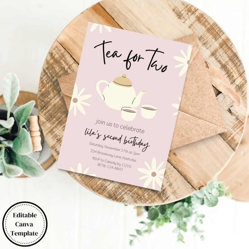 Tea for Two Birthday Invitation, Canva Template, Editable Invitation