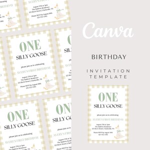 Invitación de primer cumpleaños de un ganso juguetón y tonto - Descarga digital personalizada e imprimible