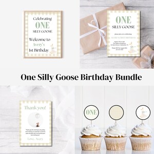 Ludique Silly Goose premier anniversaire Invitation - lot imprimable en téléchargement numérique personnalisé