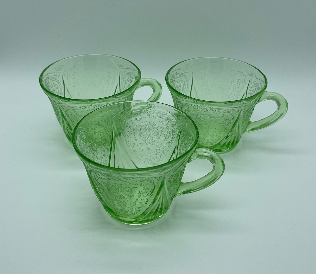 Set of Three Green Depression Glass Tea Cups Etsy