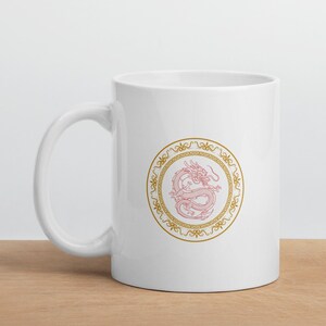 White glossy chinese dragon mug, mug, , traditional, asian culture mug,  wisdom, prosperity, good luck, red dragon, tea, coffee.
