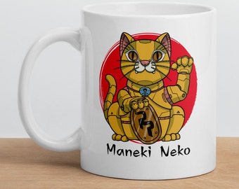Maneki Neko white glossy mug, Maneki Neko mug, Japanese mug, Lucky cat mug, Japanese culture mug