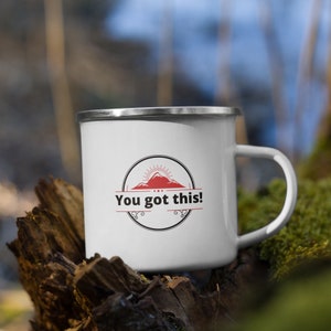 Enamel hiking mug, hiking, outdoors, camping, nature, adventure, mountain, rustic, retro, durable, lightweight, enamelware, enamel coating