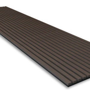 May include: A dark brown wood-look acoustic panel with a linear design. The panel is made of a durable material and is designed to absorb sound.