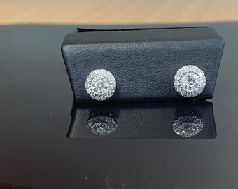 14k White Gold Halo Diamond Stud Earrings with 1.37 carat Natural Diamonds , G Color