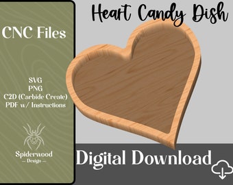 Plat de bonbons pour le cœur | Plat en forme de cœur | Heart Catch All Tray | .svg File | Fichier CNC | .png Fichier | Plans CNC | Carbide Create .c2d | Modèle
