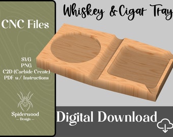 May include: Digital download of CNC files for a wooden whiskey and cigar tray. The tray has a round indentation for a glass and a rectangular indentation for a cigar. The files are available in SVG, PNG, C2D, and PDF formats. The PDF includes instructions.