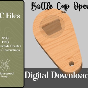 May include: Digital download of CNC files for a wooden bottle cap opener. The opener is shaped like a teardrop with a round hole in the top for opening bottles. The files include SVG, PNG, C2D, and PDF with instructions.