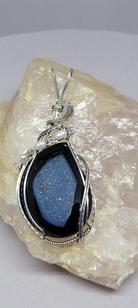 Onyx Druzy Pendant with Potato Pearls and Crystal 