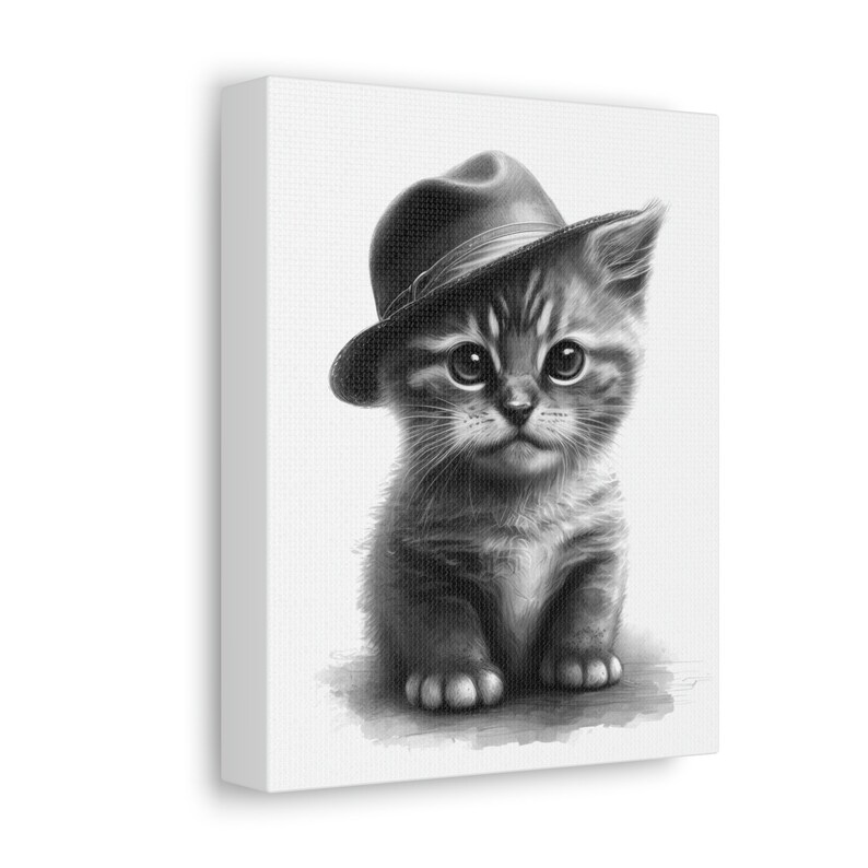 Cute Kitten Wearing Hat Satin Canvas Nursery Wall Art Cute Cat Sketch