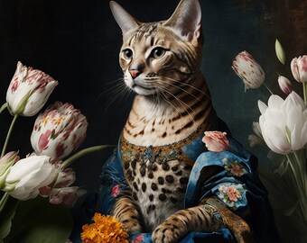 Bengal cat in luxiourous dress rokoko painting digital art for print printable art home decoration for cat lover