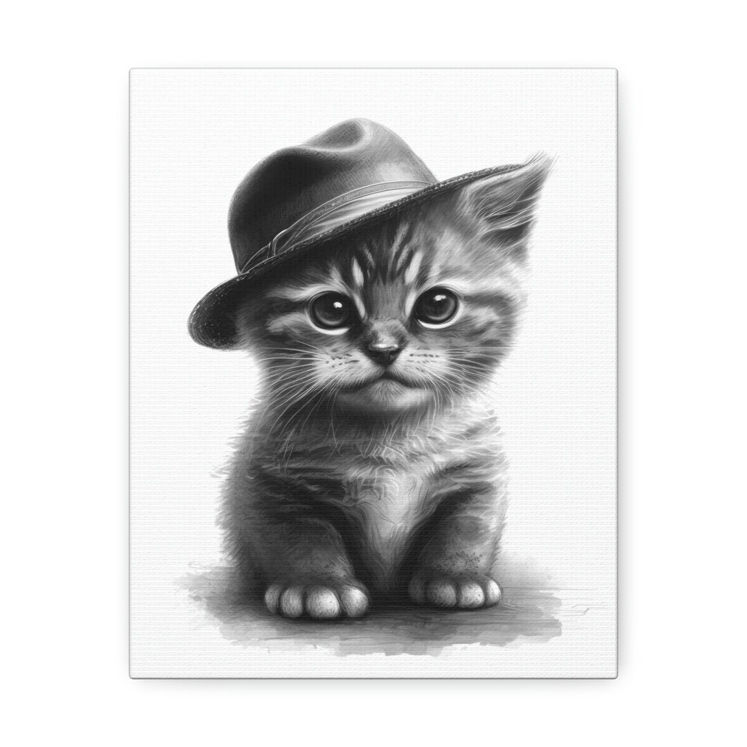 Cute Kitten Wearing Hat Satin Canvas Nursery Wall Art Cute Cat Sketch
