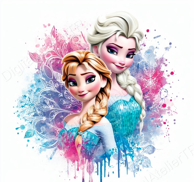 Elsa en Anna Frozen Splash en aquarel Digitaal ontwerp PNGbestand voor
