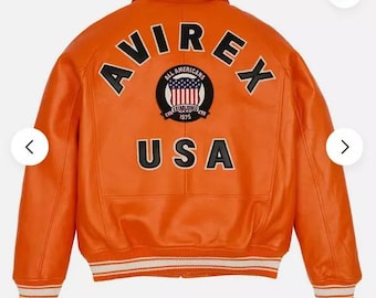 Chaqueta de cuero estilo aviador americano Avirex naranja para hombre