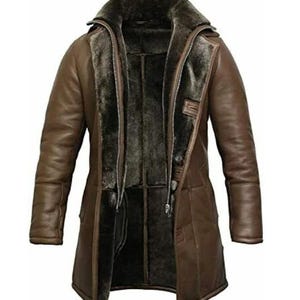 May include: A brown leather jacket with a shearling lining. The jacket has a hood and a zip closure.