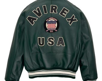 Men's Avirex Green & White Real Bomber American Flight Jacket Leather Jacket