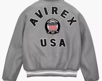 Chaqueta de vuelo americana Avirex gris auténtica para hombre, 100 % cuero auténtico