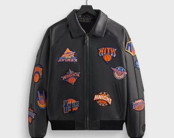 Kith & AVIREX Leather Jacket New York Knicks Icon Patches Black Jacket All Sizes